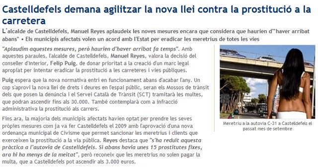 Not�cia publicada a la web Elcastell.org que informa que l'Ajuntament de Castelldefels demana agilitzar la llei que ha de permetre lluitar contra la prostituci� de carretera (13 Mar� 2012)